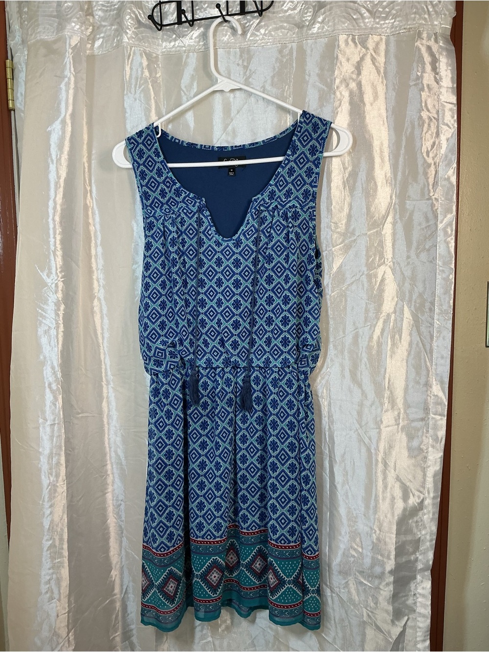 Love Reign Blue Printed Sleeveless Drawstring Dress